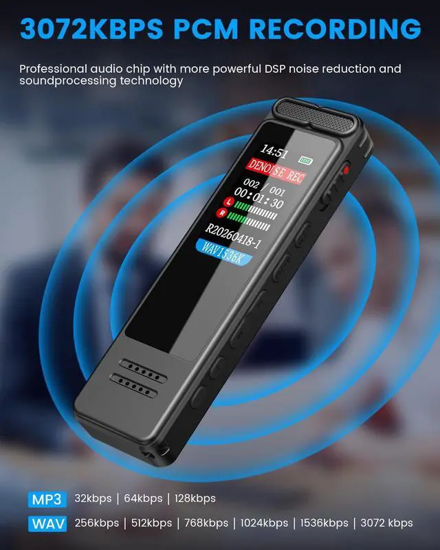 Alt view image 3 of 7 - Digital Voice Recorder, Portable Audio Recorder with Built-in Speaker, Voice Activated, WAV, A-B Repeat & Password Protection Ideal for Meetings, Lectures & Interviews