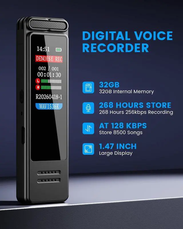 Alt view image 2 of 7 - Digital Voice Recorder, Portable Audio Recorder with Built-in Speaker, Voice Activated, WAV, A-B Repeat & Password Protection Ideal for Meetings, Lectures & Interviews