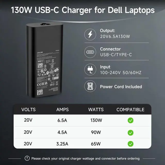 Alt view image 2 of 7 - 130W USB-C Charger Compatible with Dell XPS Precision | 20V 6.5A Type-C Adapter. Fits Latitude, 15 17 9500-9730, 5550-5770. Replaces HA130PM170 DA130PM170 0K00F5