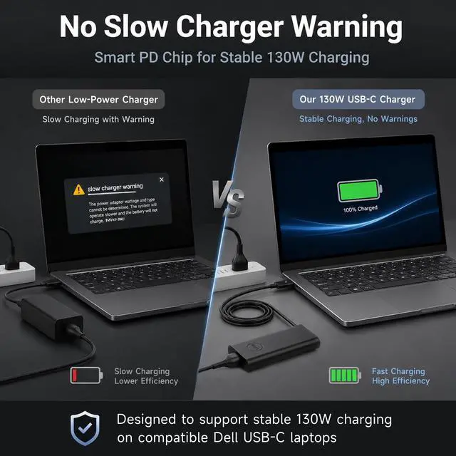 Alt view image 6 of 7 - 130W USB-C Charger Compatible with Dell XPS Precision | 20V 6.5A Type-C Adapter. Fits Latitude, 15 17 9500-9730, 5550-5770. Replaces HA130PM170 DA130PM170 0K00F5