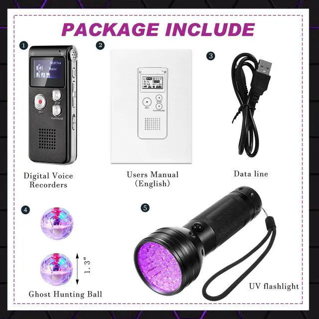Alt view image 7 of 7 - 4 Pcs Ghost Hunting Equipment Kit for Paranormal Investigation | 1 Evp Voice Recorder 8 Gb, 1 UV Flashlight, 2 LED Light up Cat Balls, Ghost Detection Finding Kit for Outdoor Inspection
