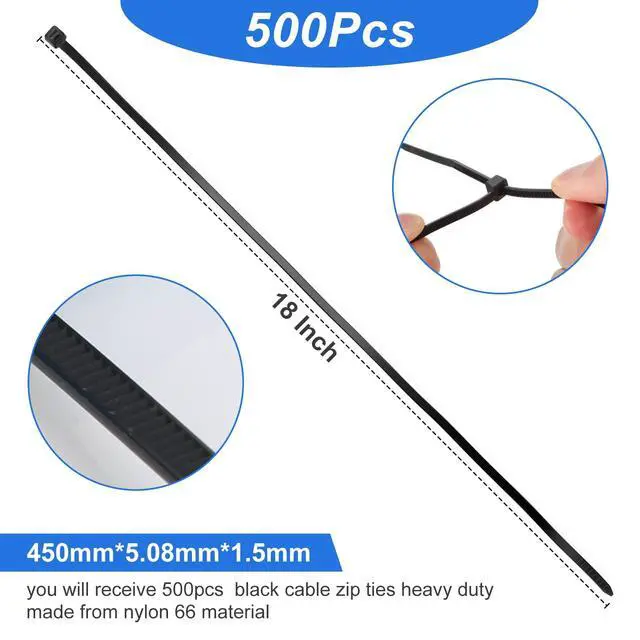 Alt view image 2 of 7 - 500 Pack Long Zip Ties Heavy Duty, Ultra Exclusive Strong Cable Ties Large Industrial Electrical for Indoor Outdoor Plastic Wraps(Black,18 Inch)