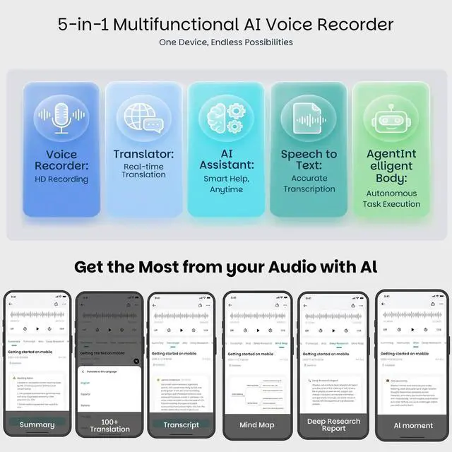 Alt view image 3 of 7 - Note Pro AI Voice Recorder with Unlimited GPT Agent (Space Grey) | Auto transcript & summarize, 126 languages, 5-mic bone conduction, 30g ultra-slim, 64GB 55H battery, meetings calls lectures