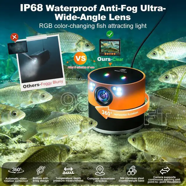 Alt view image 2 of 7 - Underwater Fishing Camera, 360° Horizontal Rotating Fish Finder with 5" 1080P IPS Screen & Exclusive Anti-Fog Lens, 10000mAh Battery, RGB Lure Lights, 99ft Cable for Ice, Lake & Boat Fishing