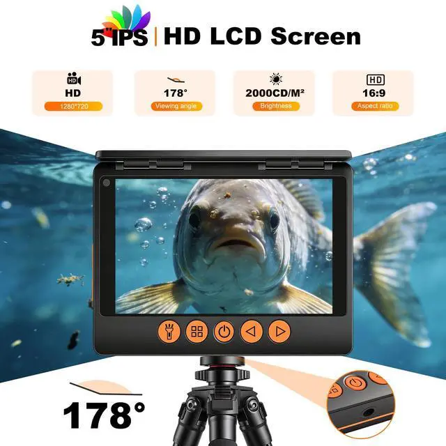 Alt view image 3 of 7 - Underwater Fishing Camera, 360° Horizontal Rotating Fish Finder with 5" 1080P IPS Screen & Exclusive Anti-Fog Lens, 10000mAh Battery, RGB Lure Lights, 99ft Cable for Ice, Lake & Boat Fishing