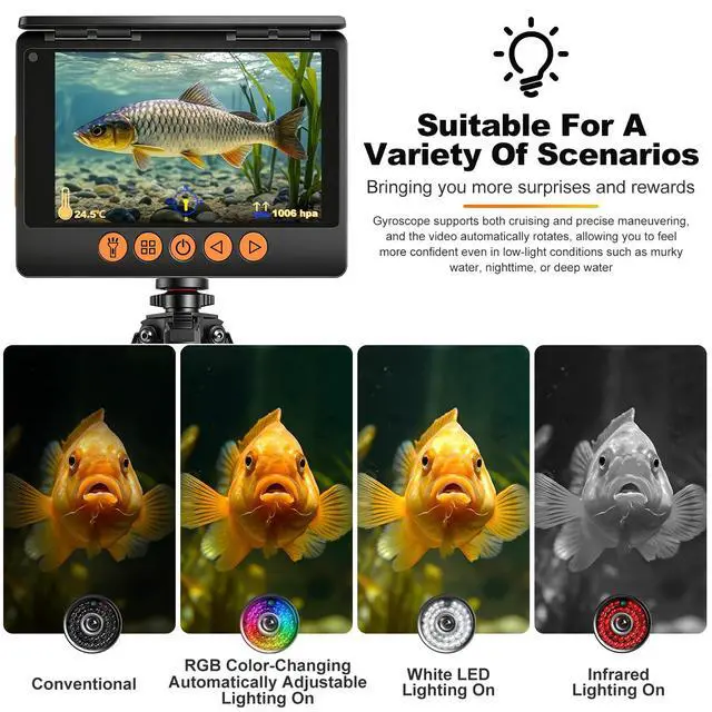 Alt view image 5 of 7 - Underwater Fishing Camera, 360° Horizontal Rotating Fish Finder with 5" 1080P IPS Screen & Exclusive Anti-Fog Lens, 10000mAh Battery, RGB Lure Lights, 99ft Cable for Ice, Lake & Boat Fishing