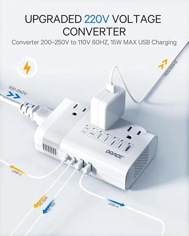 Alt view image 4 of 7 - 350W Voltage Converter US to Europe - 220V to 110V Converter for European Travel, Power Adapter Combo with PD Chargers for Hair Straightener Shaver Toothbrush CPAP Laptop Camera Phone