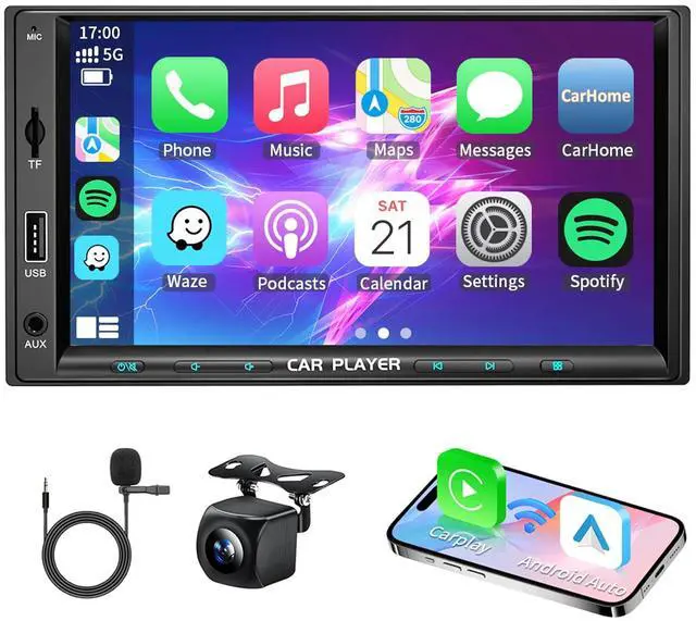 Main image of 7 Inch Double Din Car Stereo with Wireless Apple Carplay & Android Auto Navi Radio Head Unit with Touch Screen Bluetooth AM/FM Receiver/Mirror Link/Backup Camera/TF/AUX/USB Input
