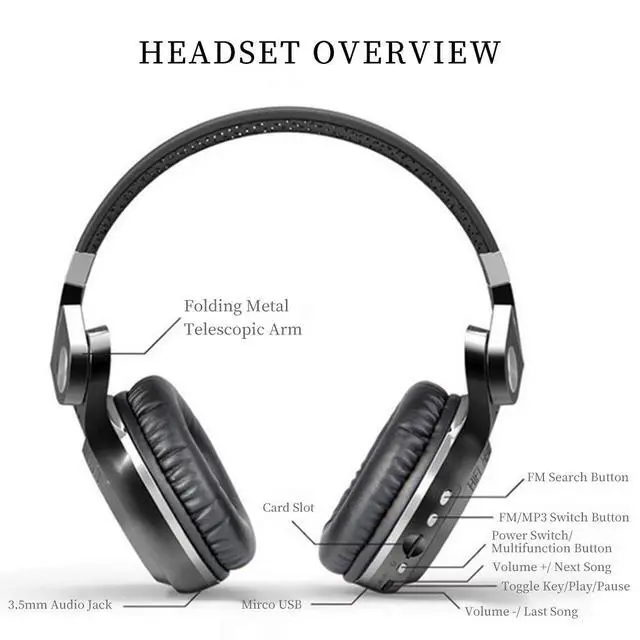 Alt view image 3 of 6 - T2 Plus Turbine Wireless Bluetooth Headphones with Mic/Micro SD Card Slot/FM Radio (Black)
