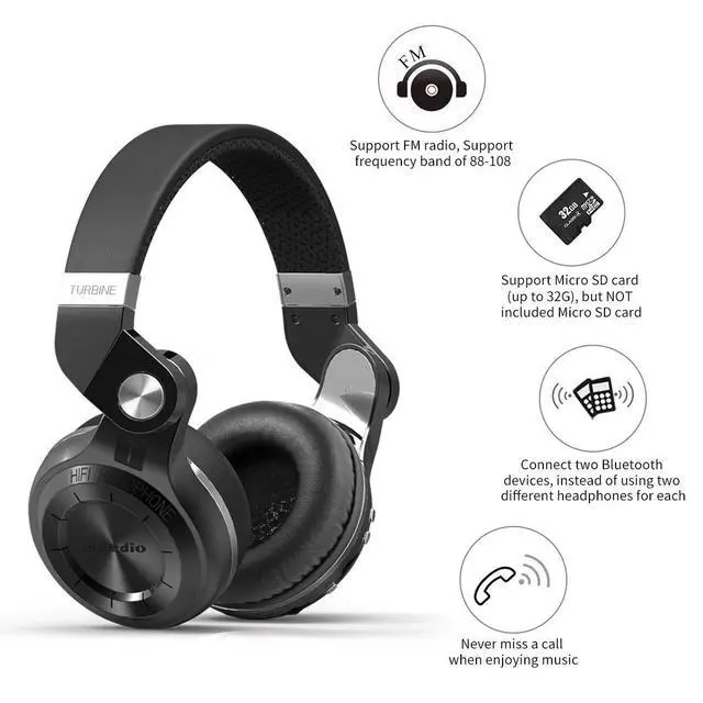 Alt view image 2 of 6 - T2 Plus Turbine Wireless Bluetooth Headphones with Mic/Micro SD Card Slot/FM Radio (Black)