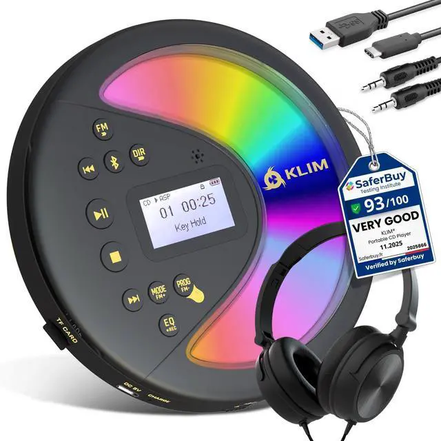 Main image of Discover with Headphones - Portable CD Player with Long-Lasting Battery - New - Radio FM - Compatible MP3 CD Player Portable - SD Card, FM Transmitter, Bluetooth - Ideal for Cars - Black/Gold