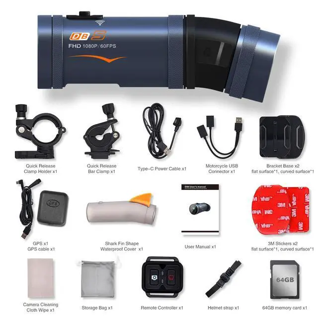 Alt view image 2 of 7 - Motorcycle Dash Cam Front and Rear with GPS & WiFi, Dual Camera Helmet & Bike Recorder with Sony Starvis IMX307 Sensor, Remote Control, Waterproof Riding Camera, Night Vision, 64GB Card Included
