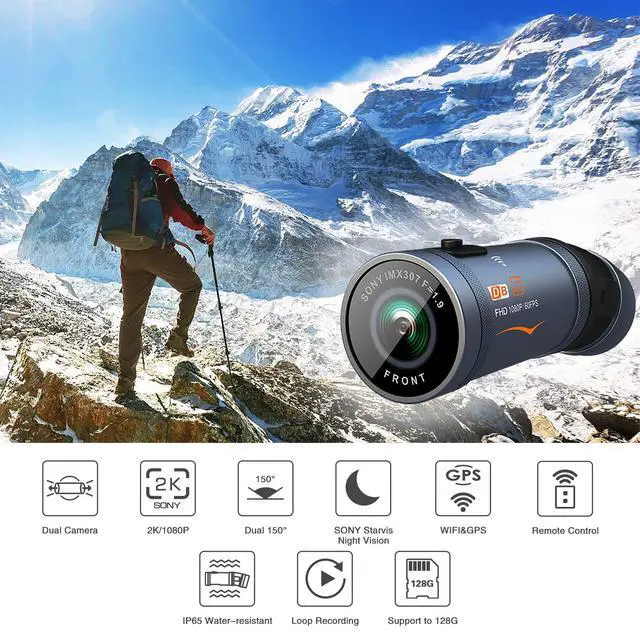 Alt view image 5 of 7 - Motorcycle Dash Cam Front and Rear with GPS & WiFi, Dual Camera Helmet & Bike Recorder with Sony Starvis IMX307 Sensor, Remote Control, Waterproof Riding Camera, Night Vision, 64GB Card Included