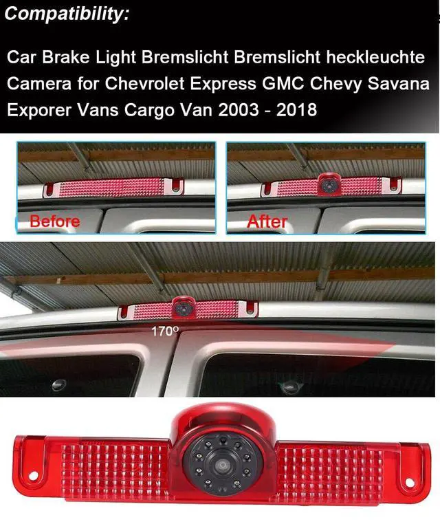 Alt view image 2 of 7 - Car Third Roof Top Mount Brake Lamp Light Rear View Reverse Parking Camera,Replacement for Chevrolet Express GMC Chevy Savana Exporer Vans Cargo Van 2003-2018(with 7 inch Rear View Mirror)