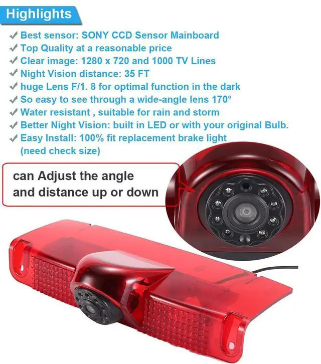 Alt view image 5 of 7 - Car Third Roof Top Mount Brake Lamp Light Rear View Reverse Parking Camera,Replacement for Chevrolet Express GMC Chevy Savana Exporer Vans Cargo Van 2003-2018(with 7 inch Rear View Mirror)