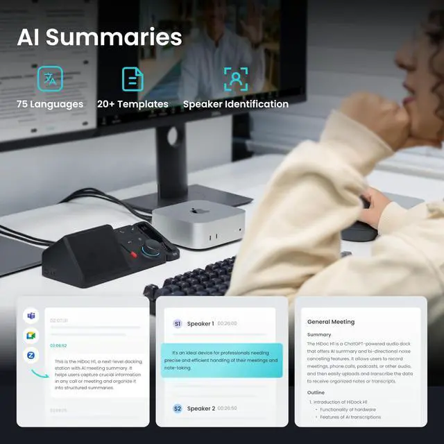 Alt view image 3 of 7 - H1E USB C Docking Station with AI Voice Recorder, Free Transcription & Summarization, 4K HDMI, 1Gbps Ethernet, 5Gbps Data Transfers, 83W PD, Laptop Docking Station for Windows/Mac/ChromeOS (H1E)