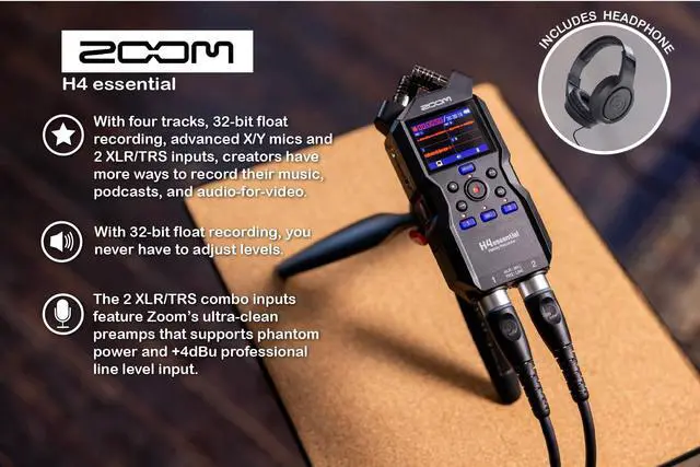 Alt view image 2 of 7 - H4essential Handy Recorder Bundle with 32GB Memory Card, Over-Ear Stereo Headphones, 4 AA Batteries & White Charger, and Accessories