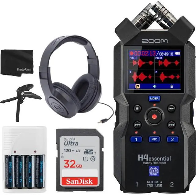 Main image of H4essential Handy Recorder Bundle with 32GB Memory Card, Over-Ear Stereo Headphones, 4 AA Batteries & White Charger, and Accessories