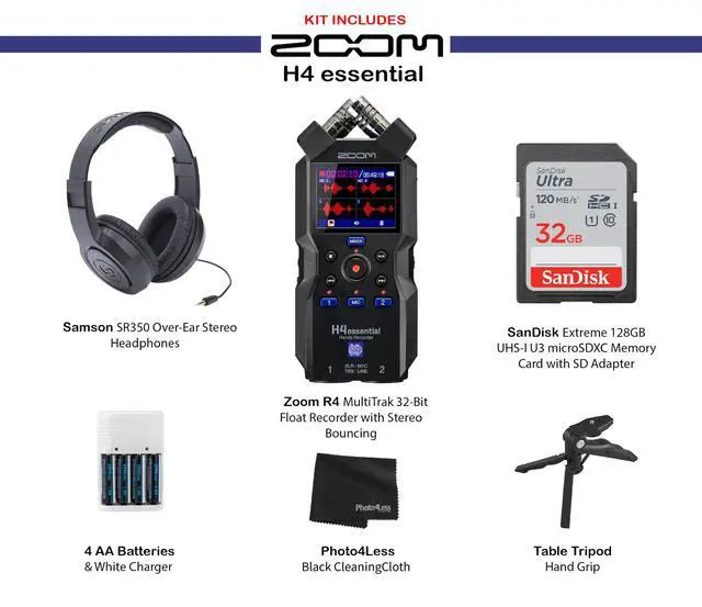 Alt view image 3 of 7 - H4essential Handy Recorder Bundle with 32GB Memory Card, Over-Ear Stereo Headphones, 4 AA Batteries & White Charger, and Accessories