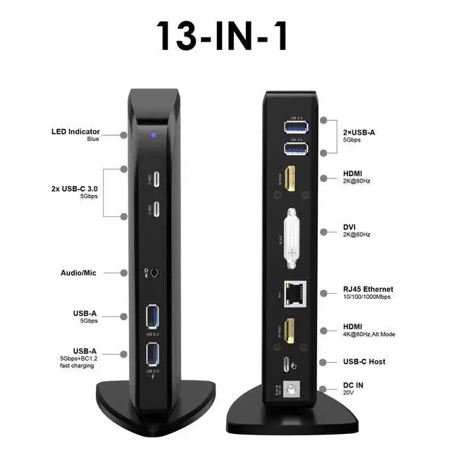 Alt view image 2 of 7 - Displaylink Docking Station, 12-in-1 Triple Monitor Docking Station | 4K HDMI, 2K HDMI, 2K DVI, Gigabit Ethernet, 6X 5Gbps USB A/C, Audio for Mac (DisplayLink Driver Required)/Windows/Chrome