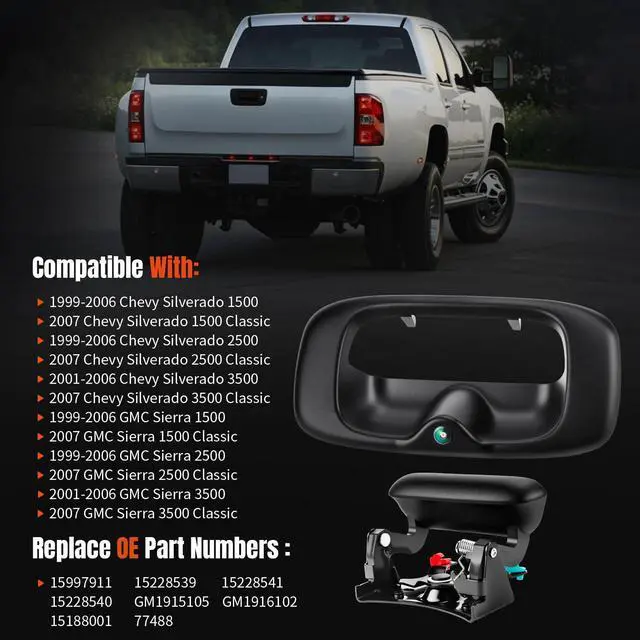 Alt view image 2 of 7 - Metal Tailgate Handle Backup Camera for 1999-06 Chevy Silverado GMC Sierra | Tail gate Latch with Bezel Trim Rod Clips, 170° Wide-angle Night Vision Waterproof Rear View Camera OE# 15228539
