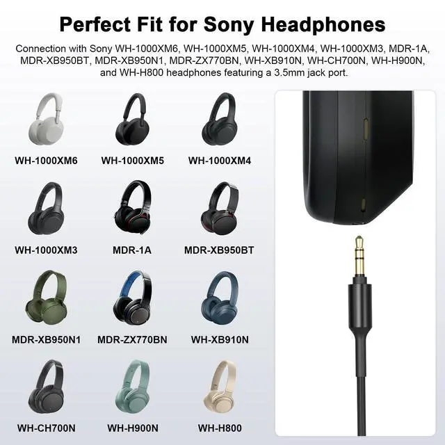 Alt view image 2 of 7 - Replacement WH-1000XM5 WH-1000XM4 Headphone Audio Cable Cord Aux Wire Compatible with Sony MDR-1000X MDR-XB950BT WH-1000XM2 WH-1000XM3 WH-CH700N MDR-100ABN MDR-1ADAC MDR-XB950N1 Headphones (Black)