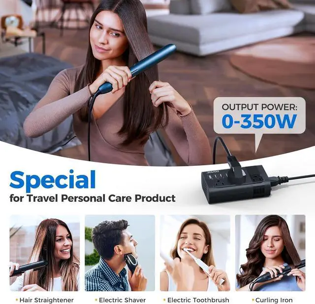 Alt view image 3 of 7 - Voltage Converter US to Europe, 350W Converter for European Travel for Curling Iron and Hair Straighteners, 220V to 110V Converter Plug Adapter with 2 USB A & 2 USB C Ports