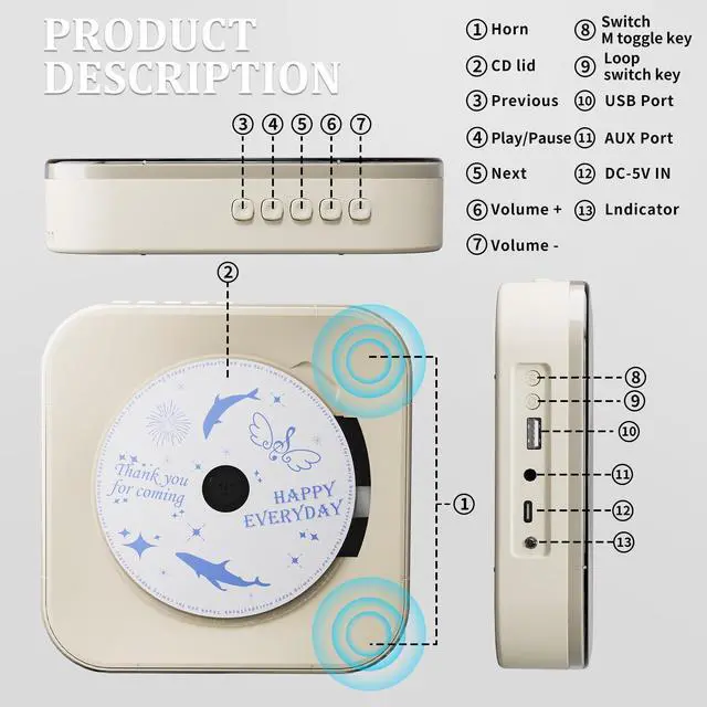 Alt view image 7 of 7 - Off White Audio CD Player with Speakers for Home Decor (CD909)