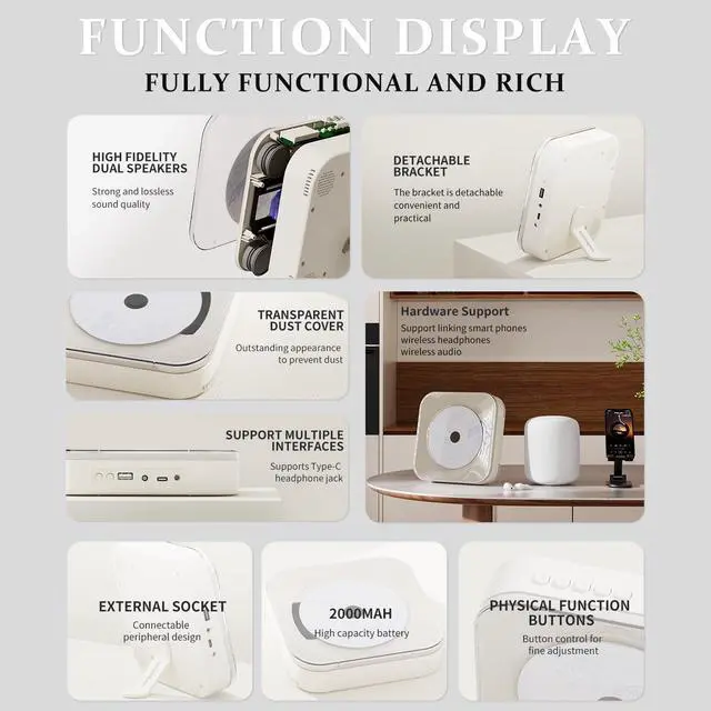 Alt view image 6 of 7 - Off White Audio CD Player with Speakers for Home Decor (CD909)
