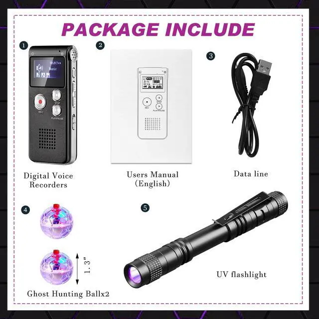 Alt view image 2 of 7 - 4 Pcs Ghost Hunting Equipment Kit,Black,Fashion | 1 Evp Voice Recorder 8 Gb, 1 UV Flashlight, 2 LED Light up Cat Ball, Ghost Investigation Paranormal Equipment for Inspection