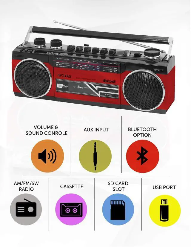 Alt view image 2 of 7 - Cassette Boombox, Retro Blueooth Boombox, Cassette Player and Recorder, AM/FM/SW-1-SW2 Radio-4-Band Radio, USB, and SD, RED