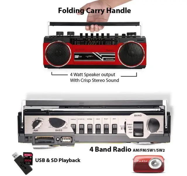 Alt view image 3 of 7 - Cassette Boombox, Retro Blueooth Boombox, Cassette Player and Recorder, AM/FM/SW-1-SW2 Radio-4-Band Radio, USB, and SD, RED