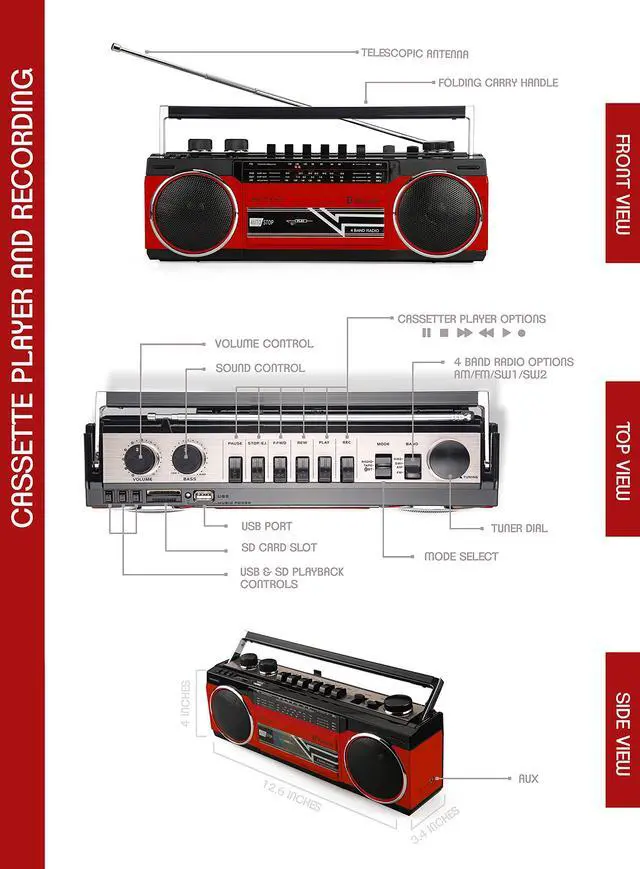 Alt view image 5 of 7 - Cassette Boombox, Retro Blueooth Boombox, Cassette Player and Recorder, AM/FM/SW-1-SW2 Radio-4-Band Radio, USB, and SD, RED