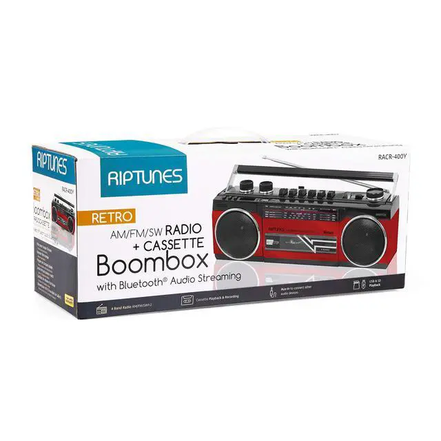 Alt view image 6 of 7 - Cassette Boombox, Retro Blueooth Boombox, Cassette Player and Recorder, AM/FM/SW-1-SW2 Radio-4-Band Radio, USB, and SD, RED