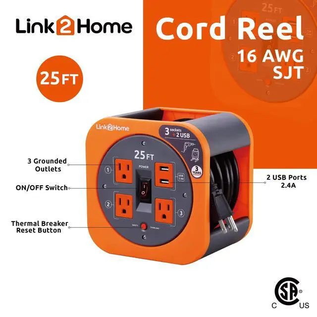 Alt view image 2 of 7 - 25 Ft. Extension Cord Reel, 4 Outlets, 2 USB Ports | 16 AWG SJT cable, 2.4A fast-charge USB, compact storage reel design
