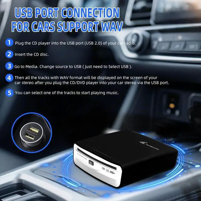 Alt view image 5 of 7 - Car External CD Player, USB/AUX/FM Multi-Connection, Compatible with Car/TV/Mac/Laptops/Desktops/PC, Supports Android 4.4+ Navigation