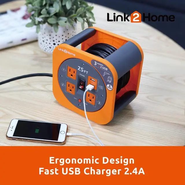 Alt view image 4 of 7 - 25 Ft. Extension Cord Reel, 4 Outlets, 2 USB Ports | 16 AWG SJT cable, 2.4A fast-charge USB, compact storage reel design