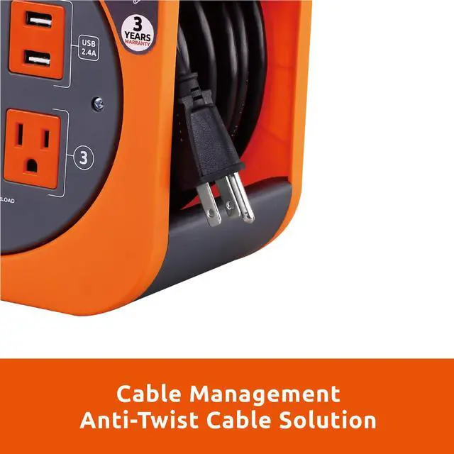 Alt view image 6 of 7 - 25 Ft. Extension Cord Reel, 4 Outlets, 2 USB Ports | 16 AWG SJT cable, 2.4A fast-charge USB, compact storage reel design