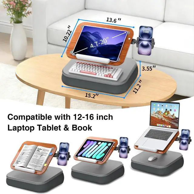 Alt view image 4 of 7 - Adjustable Laptop Lap Desk, Laptop Stand with Cushion Pillow for Bed | Height & Angle Adjustable Lap desk with Phone Holder, Bean Bag Pillow, for 4.7-16in iPhone, iPad, Tablet, Laptop & Macbook