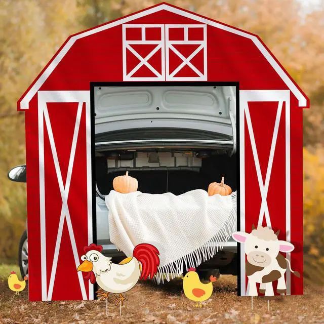 Alt view image 7 of 7 - 3 Pcs Farm Animal Party Decorations Barn Door Banner Barn Door Backdrop Farm Birthday Supplies for Baby Shower Family Reunion Theme Party Supplies Halloween Trunk or Treat Car Decorations