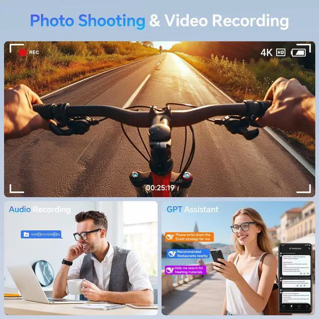 Alt view image 2 of 6 - AI Smart Glasses with Camera and Bluetooth, 800W HD Anti-Shake Camera Glasses, 1080P Video Recording, Audio, Translation, GPT Assistant, 290 mAh, AI Glasses for Men Women with Travel & Vlogging