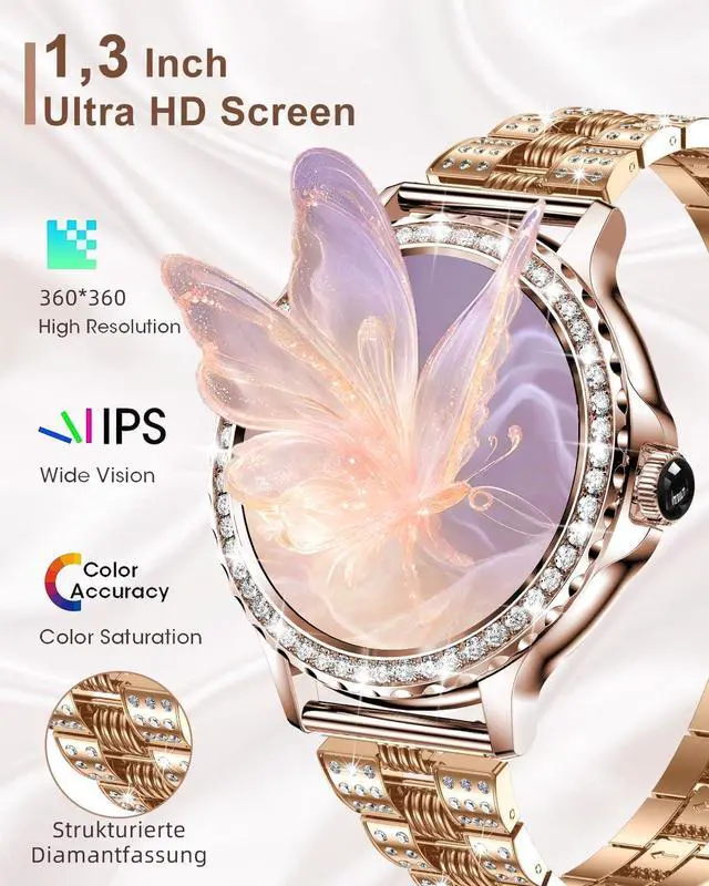 Alt view image 2 of 7 - Smart Watches for Women(Make/Answer Call) with Diamond:1.3" Fitness Tracker Watch for HR/Blood Pressure/SpO2/Sleep Monitor,Digital Running Watches for Women Android/iOS, 2 Straps