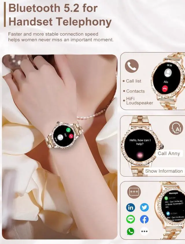 Alt view image 3 of 7 - Smart Watches for Women(Make/Answer Call) with Diamond:1.3" Fitness Tracker Watch for HR/Blood Pressure/SpO2/Sleep Monitor,Digital Running Watches for Women Android/iOS, 2 Straps