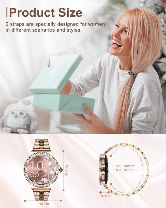 Alt view image 7 of 7 - Smart Watches for Women(Make/Answer Call) with Diamond:1.3" Fitness Tracker Watch for HR/Blood Pressure/SpO2/Sleep Monitor,Digital Running Watches for Women Android/iOS, 2 Straps