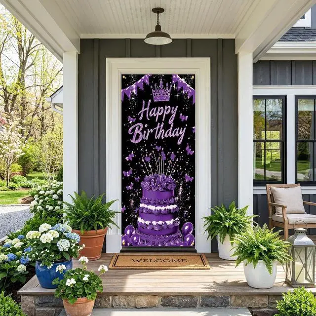Alt view image 2 of 7 - Black Purple Birthday Door Banner Sign Happy Birthday Door Cover Women Cruise Decorations 71x35 Inch Crown Cake Butterfly Fabric Hanging Backdrop for 7th 14th Teen Party Photo Booth Props