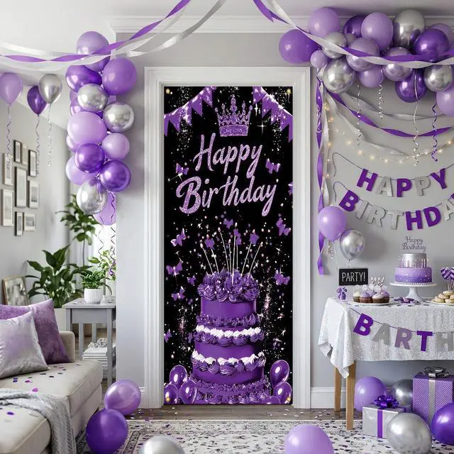 Alt view image 3 of 7 - Black Purple Birthday Door Banner Sign Happy Birthday Door Cover Women Cruise Decorations 71x35 Inch Crown Cake Butterfly Fabric Hanging Backdrop for 7th 14th Teen Party Photo Booth Props