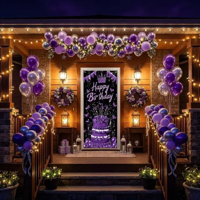 Alt view image 4 of 7 - Black Purple Birthday Door Banner Sign Happy Birthday Door Cover Women Cruise Decorations 71x35 Inch Crown Cake Butterfly Fabric Hanging Backdrop for 7th 14th Teen Party Photo Booth Props