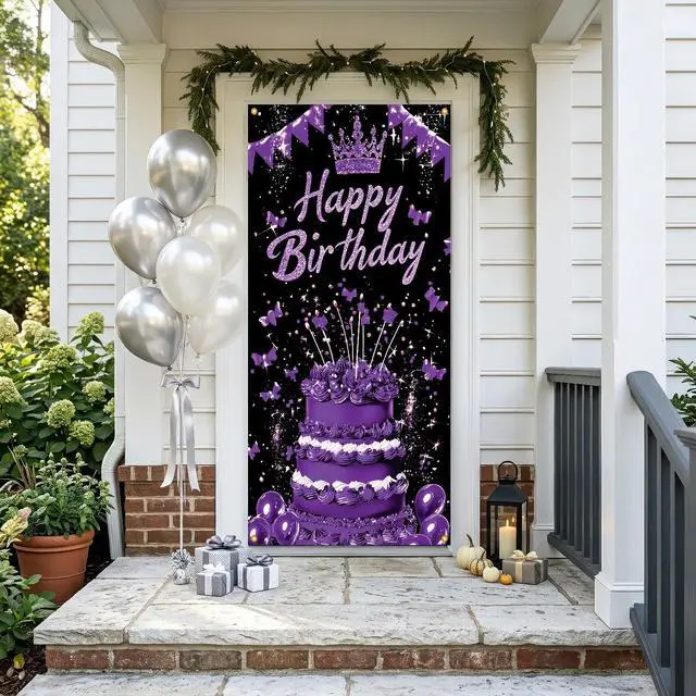 Alt view image 5 of 7 - Black Purple Birthday Door Banner Sign Happy Birthday Door Cover Women Cruise Decorations 71x35 Inch Crown Cake Butterfly Fabric Hanging Backdrop for 7th 14th Teen Party Photo Booth Props