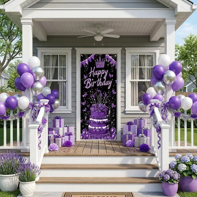 Alt view image 6 of 7 - Black Purple Birthday Door Banner Sign Happy Birthday Door Cover Women Cruise Decorations 71x35 Inch Crown Cake Butterfly Fabric Hanging Backdrop for 7th 14th Teen Party Photo Booth Props
