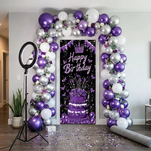 Alt view image 7 of 7 - Black Purple Birthday Door Banner Sign Happy Birthday Door Cover Women Cruise Decorations 71x35 Inch Crown Cake Butterfly Fabric Hanging Backdrop for 7th 14th Teen Party Photo Booth Props